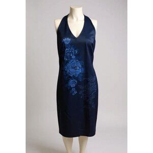 Vintage 90s CDC Navy Satin Halter Blue Roses Cocktail Dress Size 8